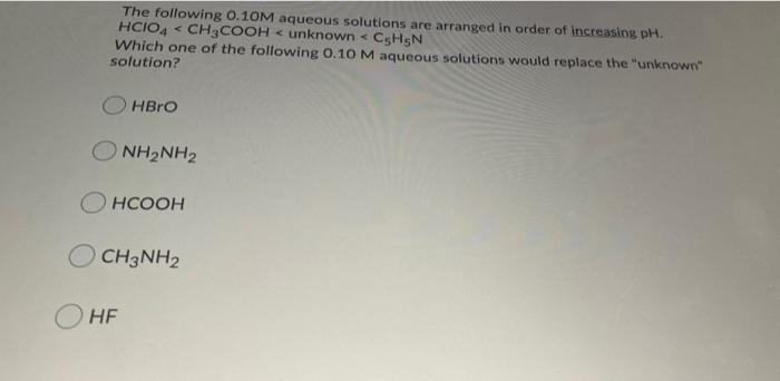 Solved The Following M Aqueous Solutions Are Arranged In Chegg