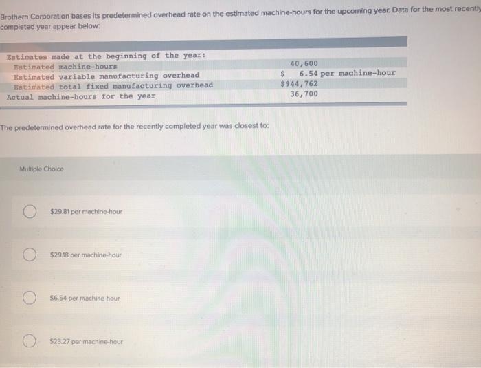 Solved Brother Corporation Bases Its Predetermined Overhead Chegg
