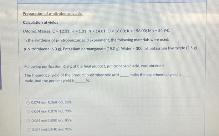 Solved Preparation Of P Nitrobenzoic Acid Calculation Of Chegg