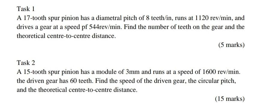 Solved Task 1 A 17 Tooth Spur Pinion Has A Diametral Pitch Chegg