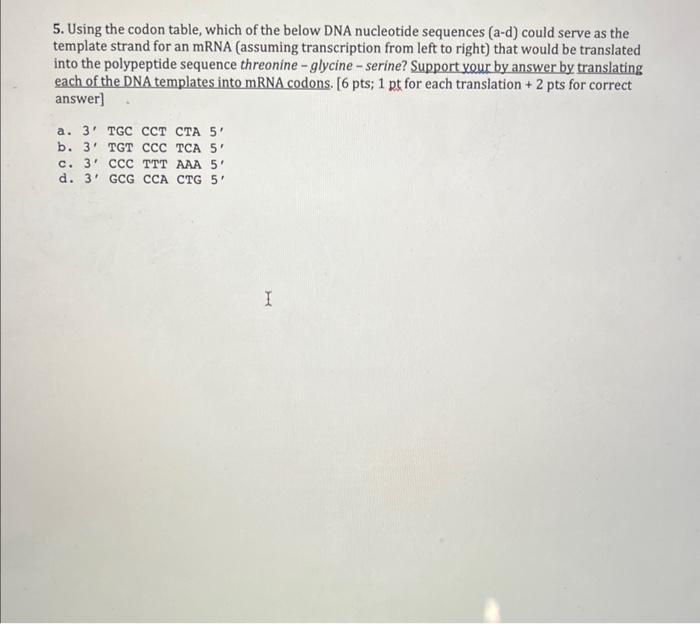 Solved 5 Using The Codon Table Which Of The Below DNA Chegg