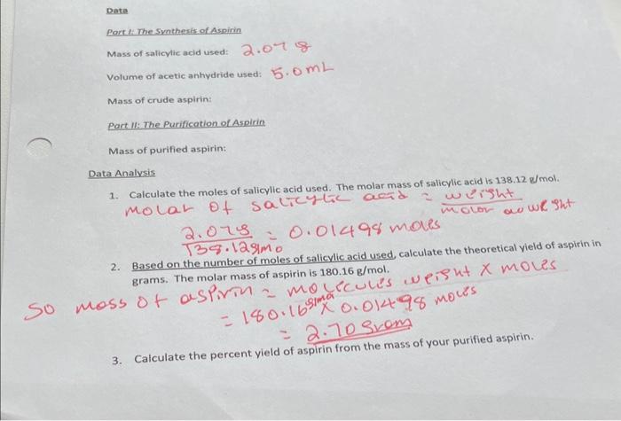 Solved Data Rart The Sxathesis Of Aspirin Mass Of Salicylic Chegg