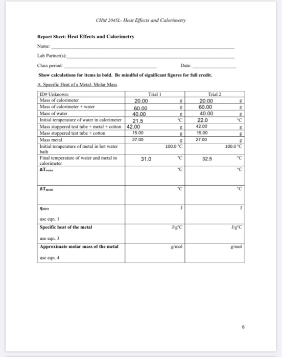 Solved CHM 2045L Hear Effects And Calorimetry Report Sheet Chegg