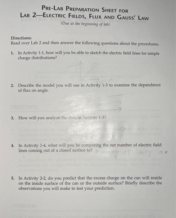 Solved PRE LAB PREPARATION SHEET FOR LAB 2 ELECTRIC FIELDS Chegg