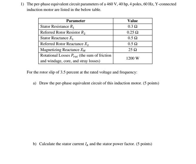 Solved 1 The Per Phase Equivalent Circuit Parameters Of A Chegg