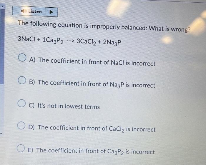 Solved Balance The Following Equation And Select The Correct Chegg