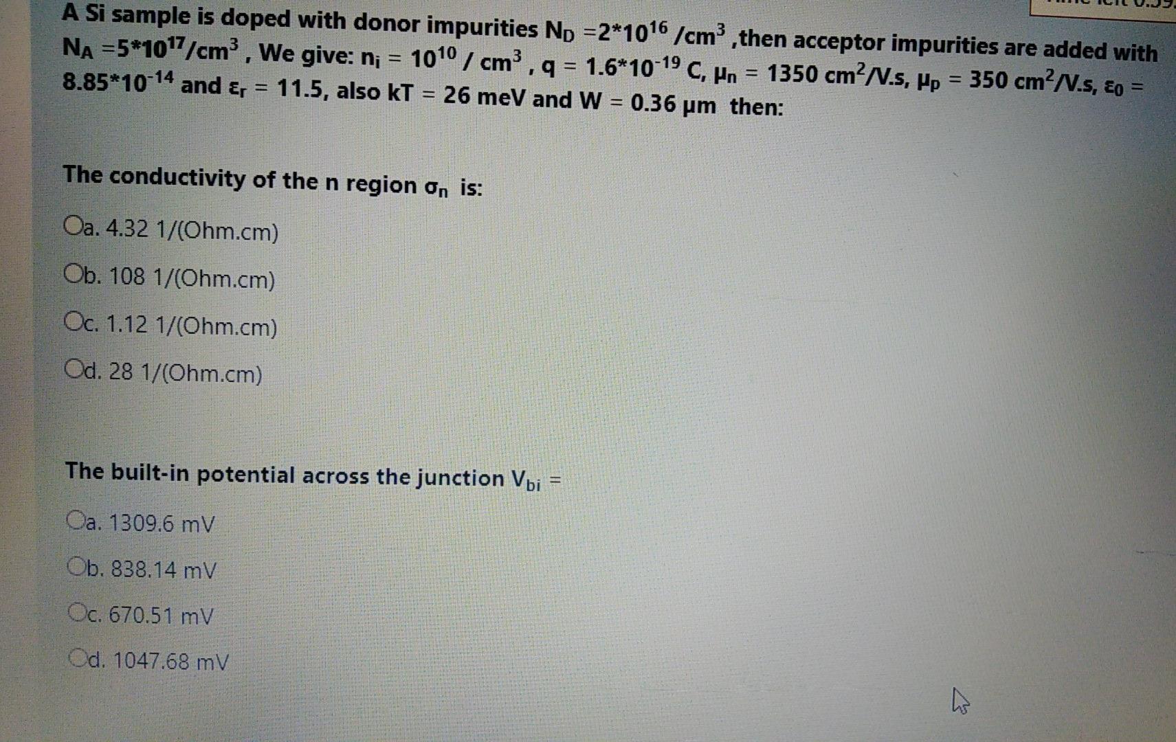 Solved A Si Sample Is Doped With Donor Impurities No 2 1016 Chegg