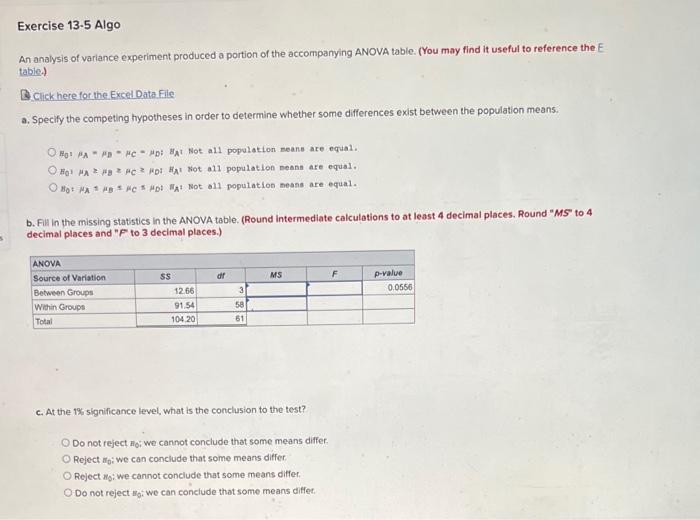 Solved Exercise Algo An Analysis Of Variance Experiment Chegg