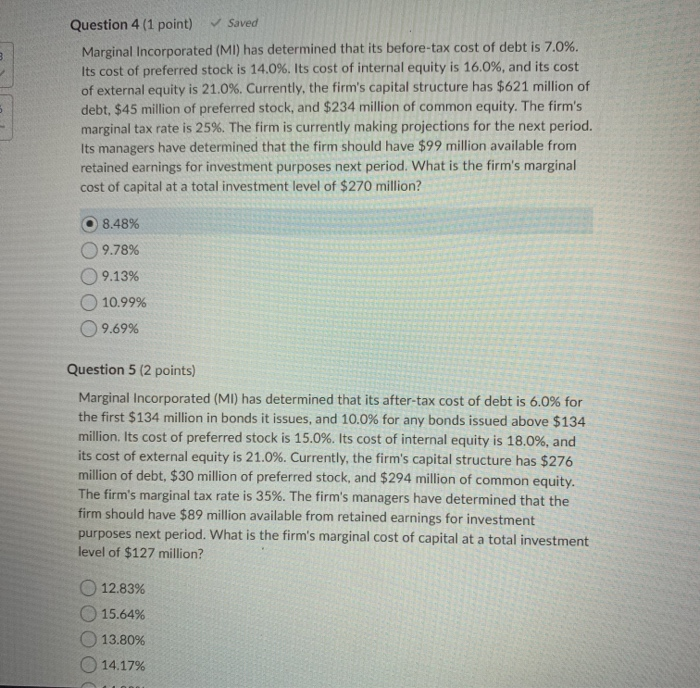 Solved Question Point Saved Marginal Incorporated Chegg