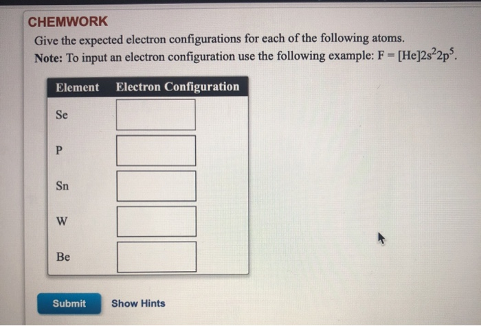 Solved Chemwork Give The Expected Electron Configurations Chegg