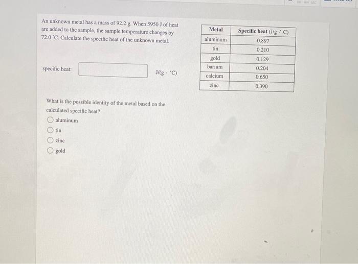 Solved An Unknown Metal Has A Mass Of G When J Of Chegg