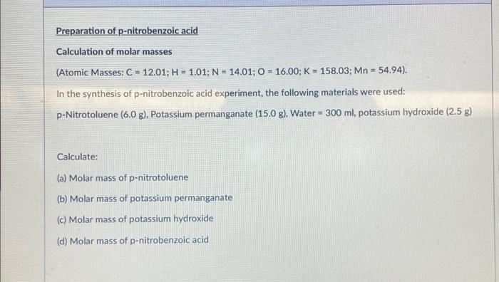 Solved Preparation Of P Nitrobenzoic Acid Calculation Of Chegg