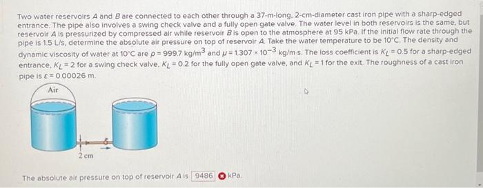 Solved Two Water Reservoirs A And B Are Connected To Each Chegg