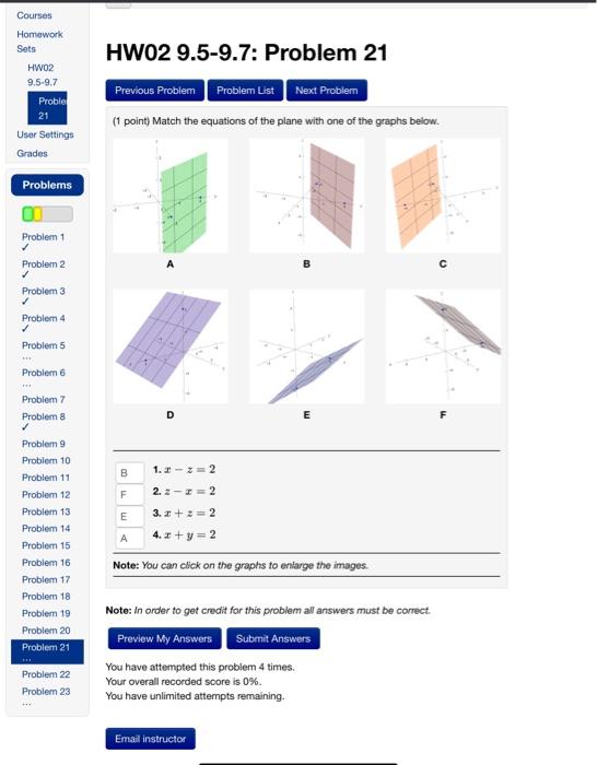 Solved 1 Point Match The Equations Of The Plane With One Chegg