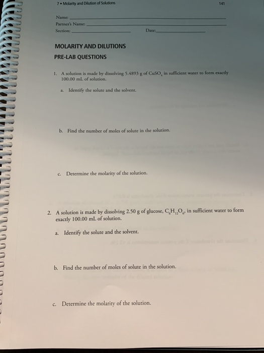 Solved Molarity And Dilution Of Solutions Name Partner S Chegg