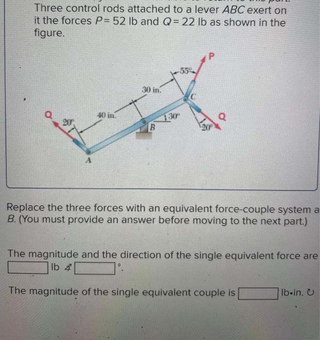 Solved Three Control Rods Attached To A Lever ABC Exert On Chegg