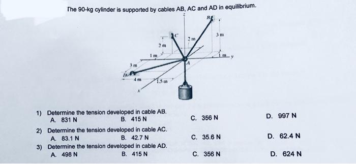 Solved The 90kg Cylinder Is Supported By Cables AB AC And Chegg