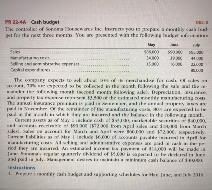 Solved PR 22 4A Cash Budget OBJ 5 The Controller Of Sonoma Chegg