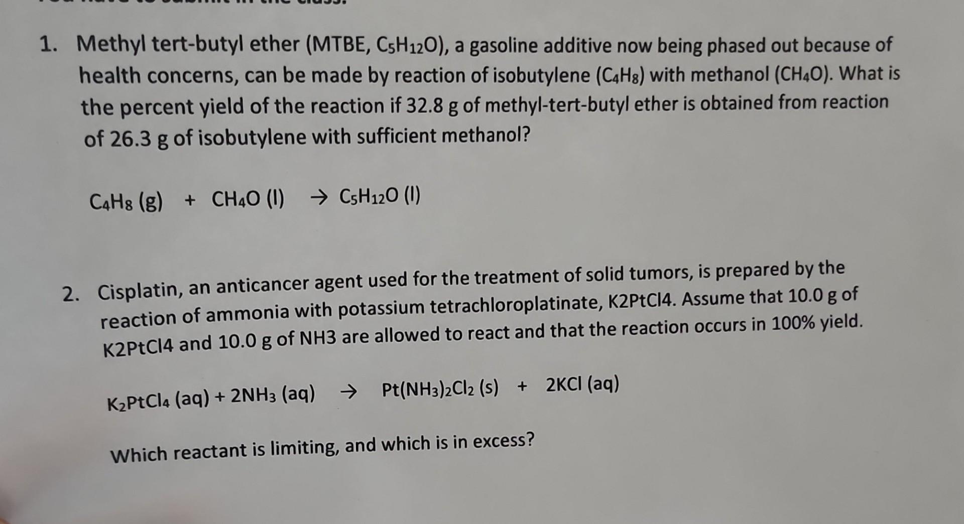 Solved Methyl Tert Butyl Ether Mtbe C H O A Chegg