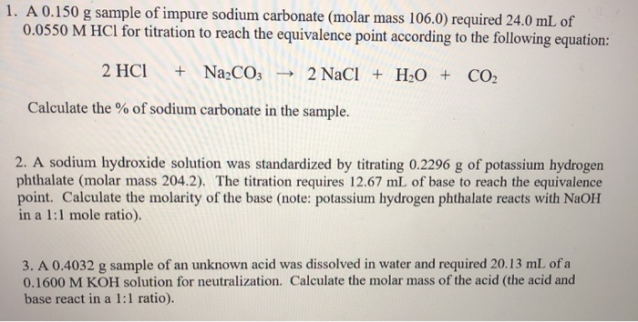 Solved 1 A 0 150 G Sample Of Impure Sodium Carbonate Molar Chegg