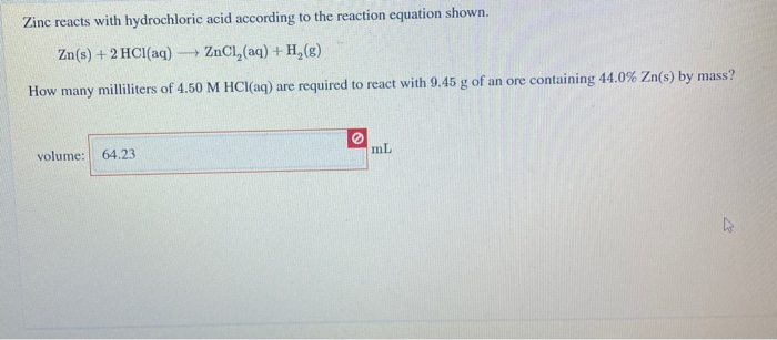 Solved Zinc Reacts With Hydrochloric Acid According To The Chegg