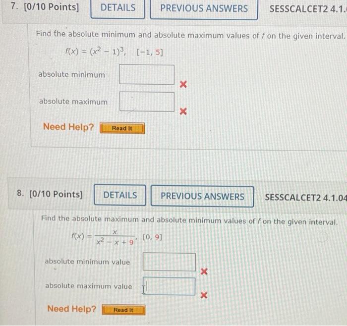 Solved 7 0 10 Points DETAILS PREVIOUS ANSWERS SESSCALCET2 Chegg