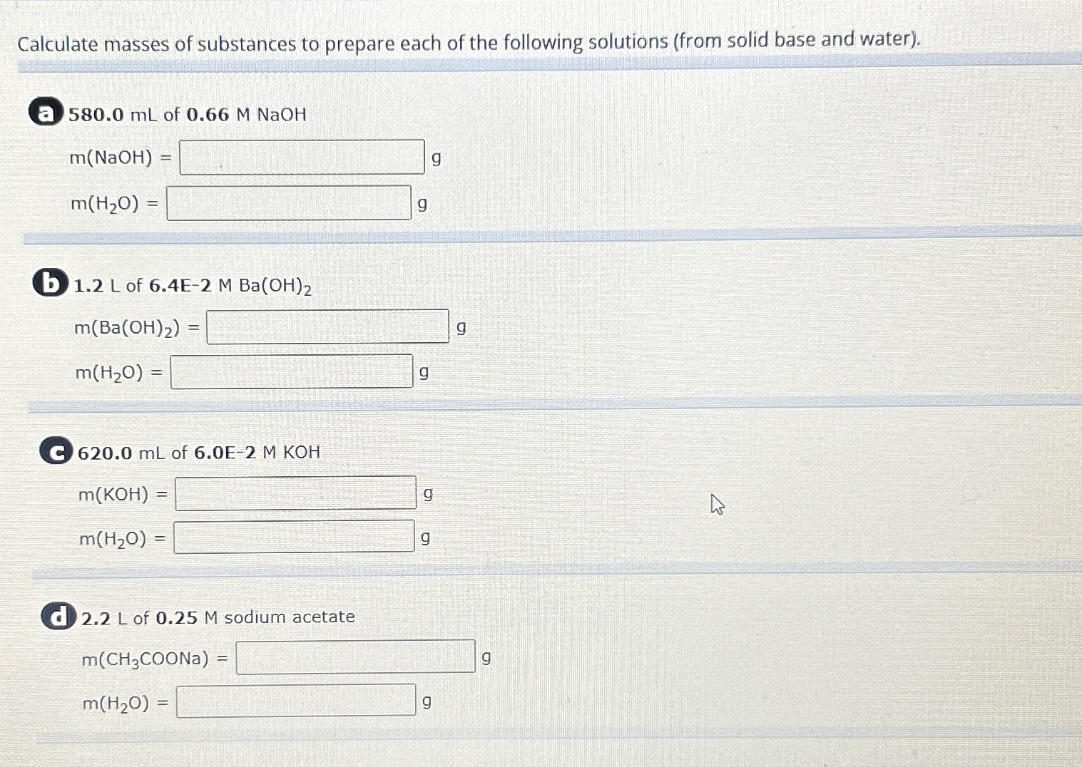 Solved Calculate Masses Of Substances To Prepare Each Of The Chegg