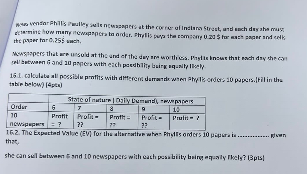 Solved News Vendor Phillis Paulley Sells Newspapers At The Chegg