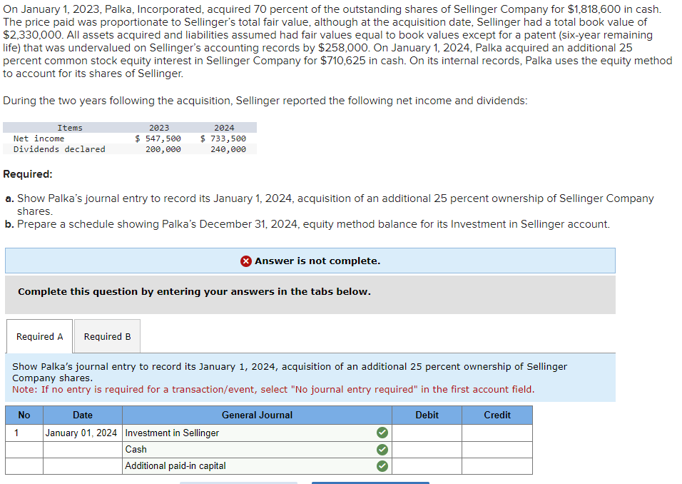 Solved On January 1 2023 Palka Incorporated Acquired 70 Chegg