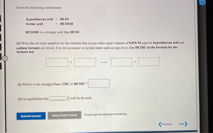 Solved Given The Following Information Hypochlorous Acid Chegg