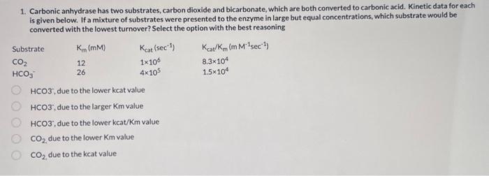 Solved 1 Carbonic Anhydrase Has Two Substrates Carbon Chegg