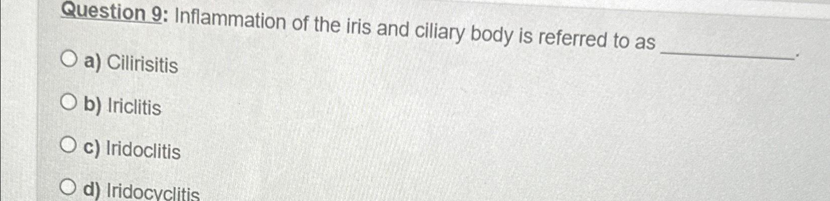 Solved Question 9 Inflammation Of The Iris And Ciliary Body Chegg