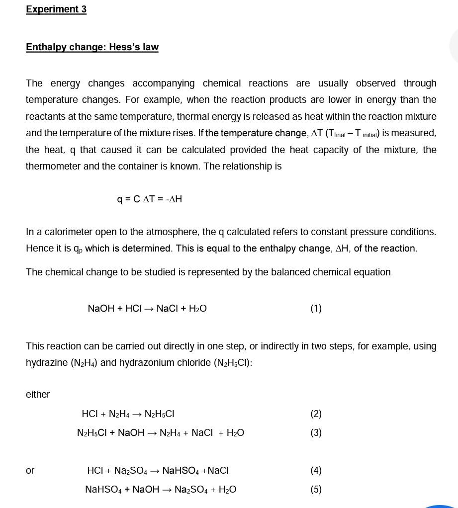 Solved Experiment Data Enthalpy Change Hess S Law Table Chegg