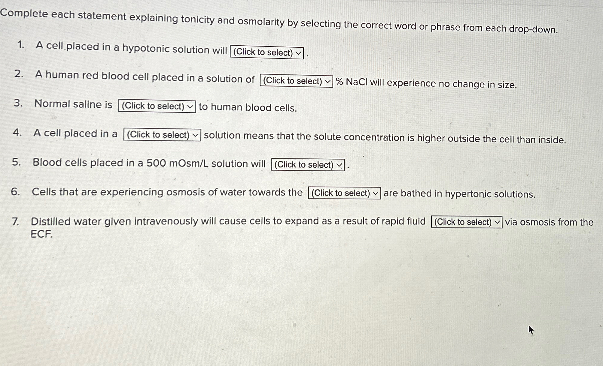 Solved Complete Each Statement Explaining Tonicity And Chegg