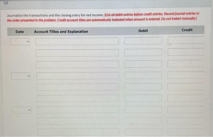 Solved Journalize The Transactions And The Closing Entry For Chegg