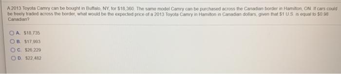 Solved A Toyota Camry Can Be Bought In Buffalo Ny For Chegg