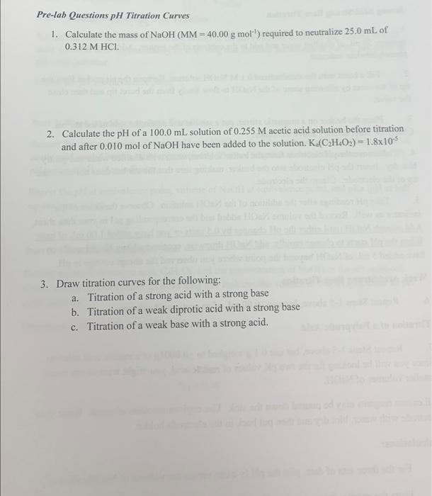 Solved Pre Lab Questions Ph Titration Curves Calculate Chegg