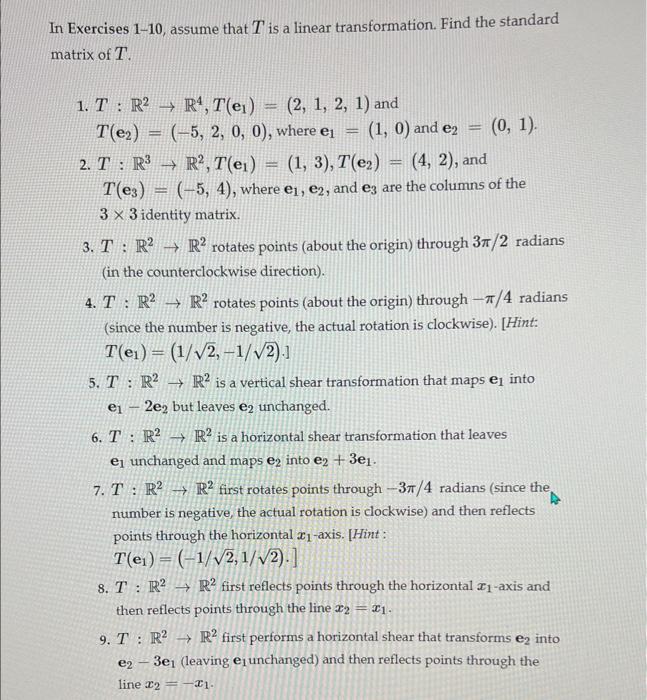 Solved In Exercises 1 10 Assume That T Is A Linear Chegg