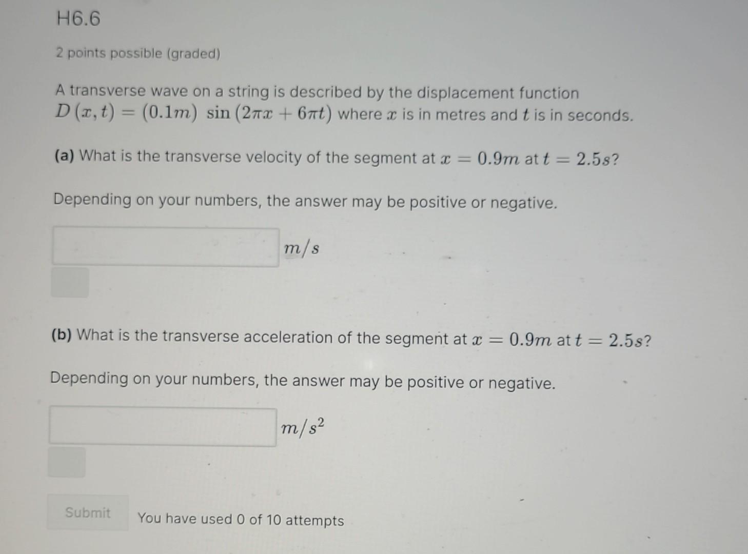 Solved Points Possible Graded A Transverse Wave On A Chegg