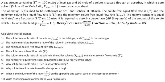 Solved A Gas Stream Containing V 100 Mole Of Inert Gas Chegg