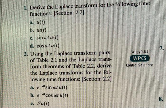 Derive The Laplace Transform For The Following Chegg