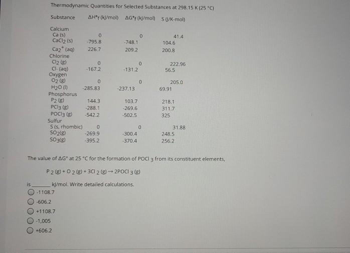 Solved Thermodynamic Quantities For Selected Substances At Chegg