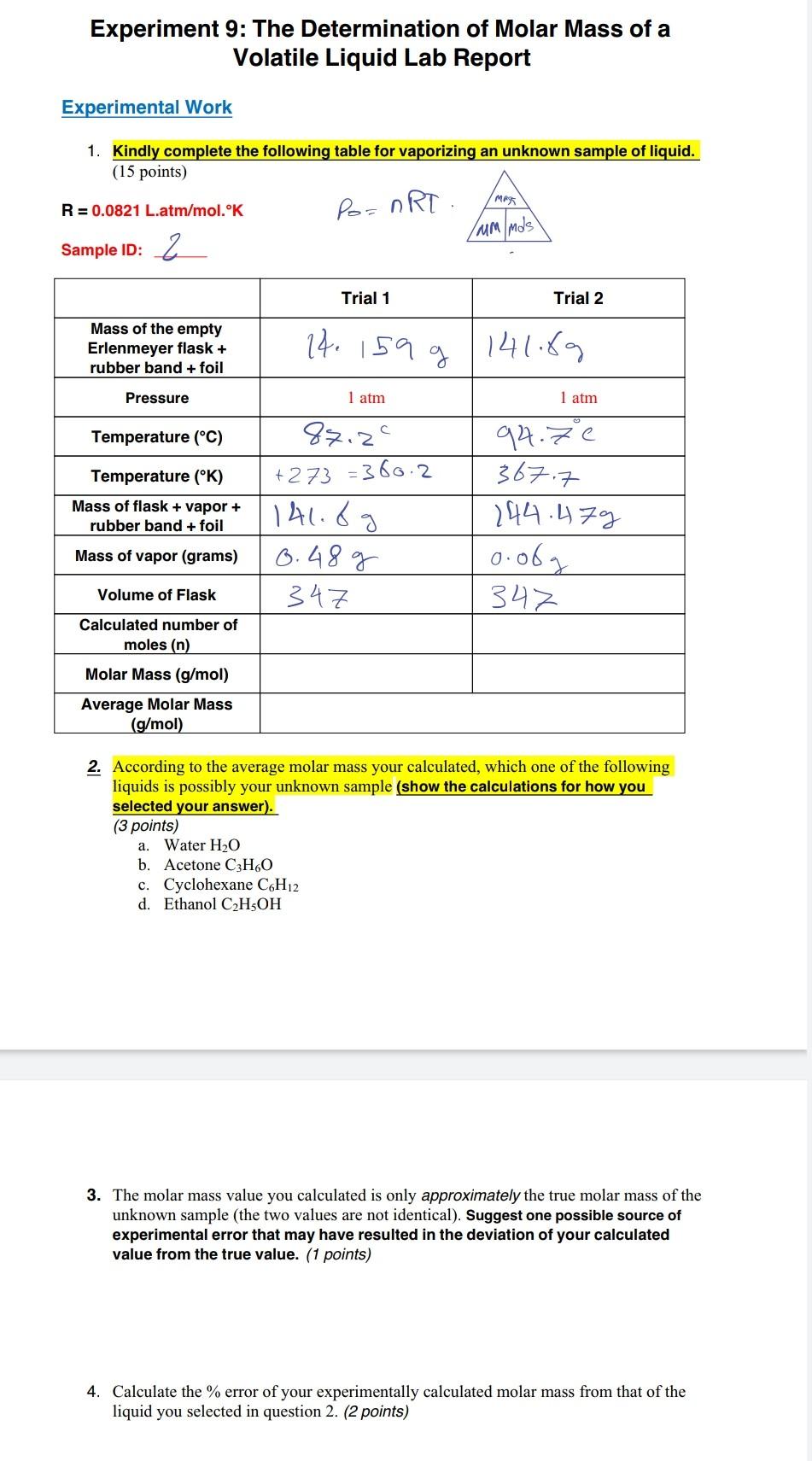 Solved Experiment The Determination Of Molar Mass Of A Chegg