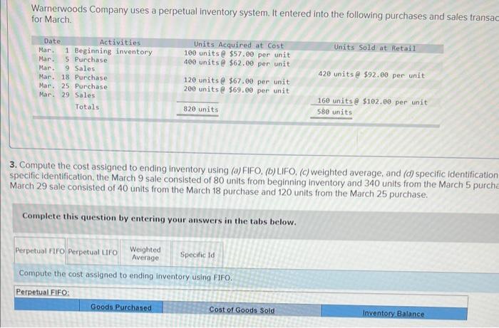 Solved Warnerwoods Company Uses A Perpetual Inventory Chegg