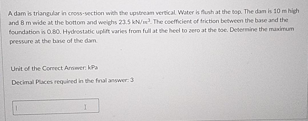 Solved A Dam Is Triangular In Cross Section With The Chegg