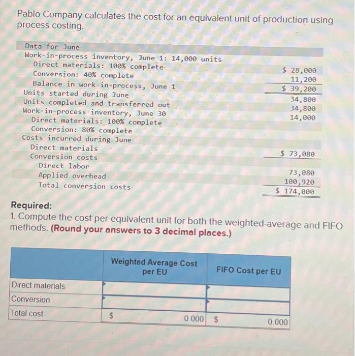 Solved Pablo Company Calculates The Cost For An Equivalent Chegg