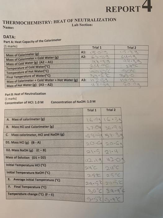 Thermochemistry Heat Of Neutralization Lab Section Chegg