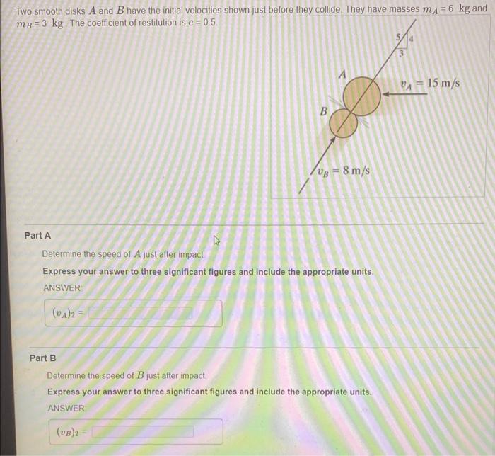 Solved Two Smooth Disks A And B Have The Initial Velocities Chegg