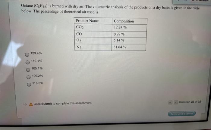 Solved Octane C3H18 Is Burned With Dry Air The Volumetric Chegg