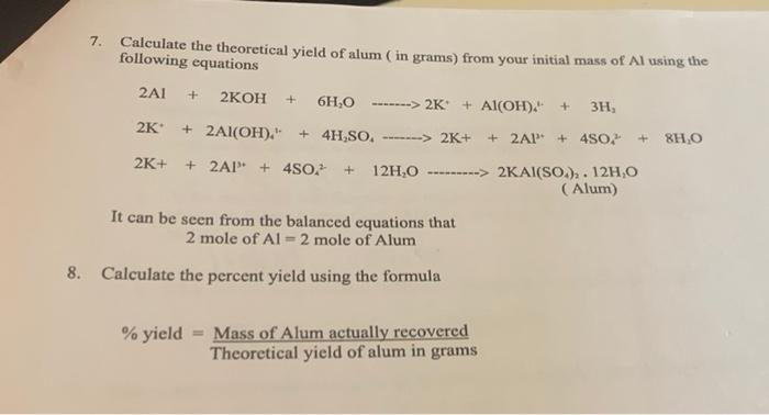 Solved 7 Calculate The Theoretical Yield Of Alum In Chegg